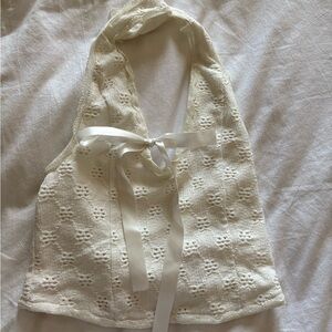 Urban Outfitters Cream Crochet Halter Top with Ribbon Tie